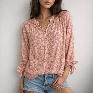 Natalie Martin Renata Pink Cream Boho Prairie Tie Sleeve Silk Blouse Size XS